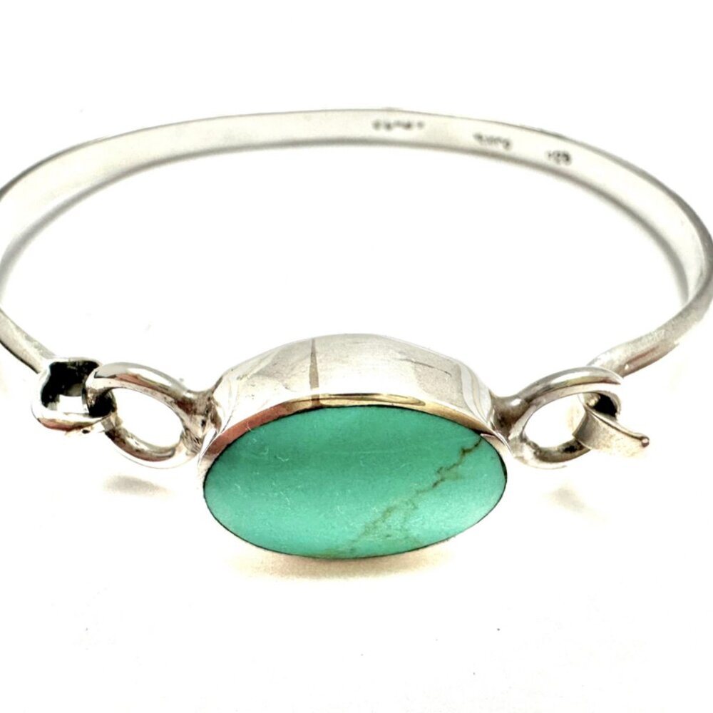 Art Deco Taxco Turquoise Bangle Set in Hand Crafted Sterling Silver Stamped 925